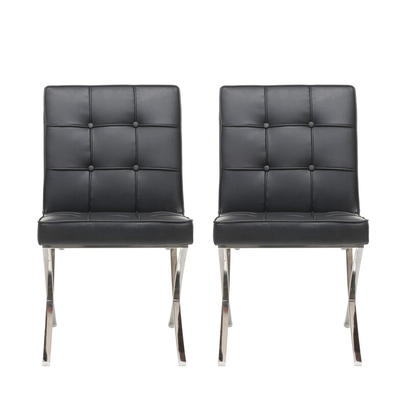 Dinner Chair Set of 2, X Chrome Legs, Button Tufted Black Leather - Benzara