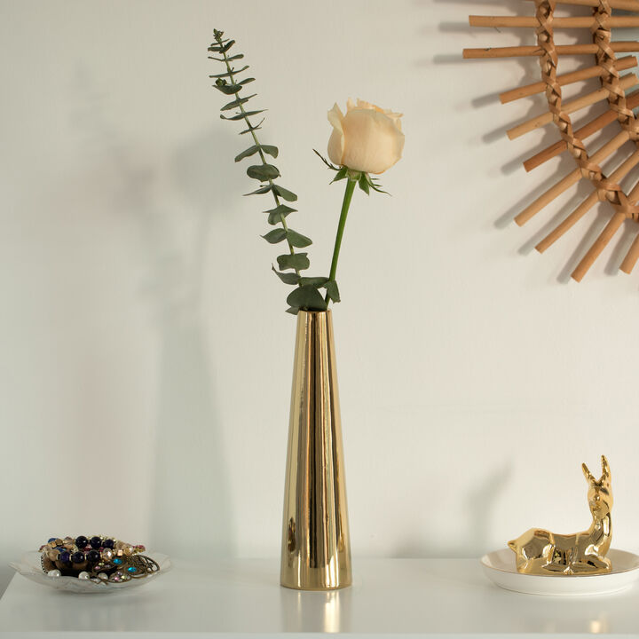8-Inch Slim Cone Ceramic Vase – Modern Decorative Centerpiece, Minimalist Flower Holder - Elegant Accent for Living Room, Office, Bedroom, Entryway, or Bathroom Decor - Gold