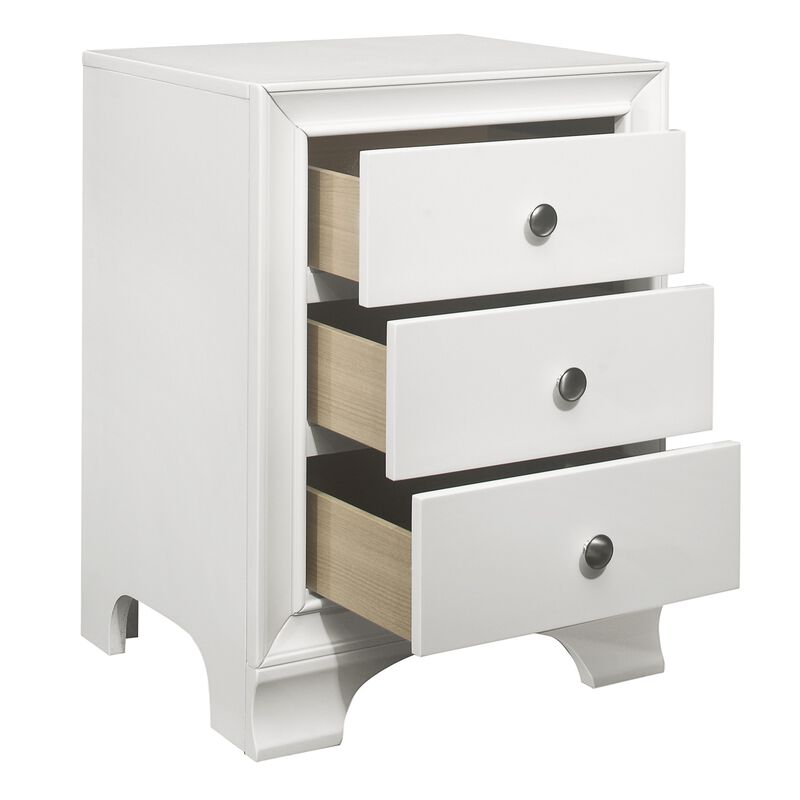 Folu 26 Inch Nightstand, USB Port, 3 Drawers with Chrome Knobs, White - Benzara