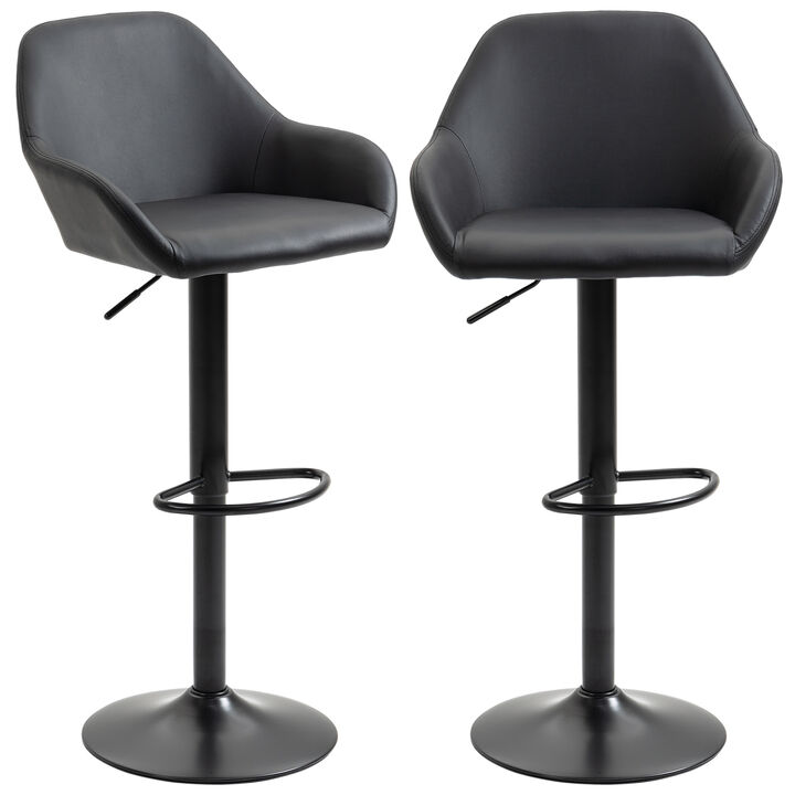 HOMCOM Adjustable Bar Stools, Swivel Counter Height Barstools with Footrest and Back, PU Leather and Steel Round Base, for Kitchen Counter and Dining Room, Set of 2, Black