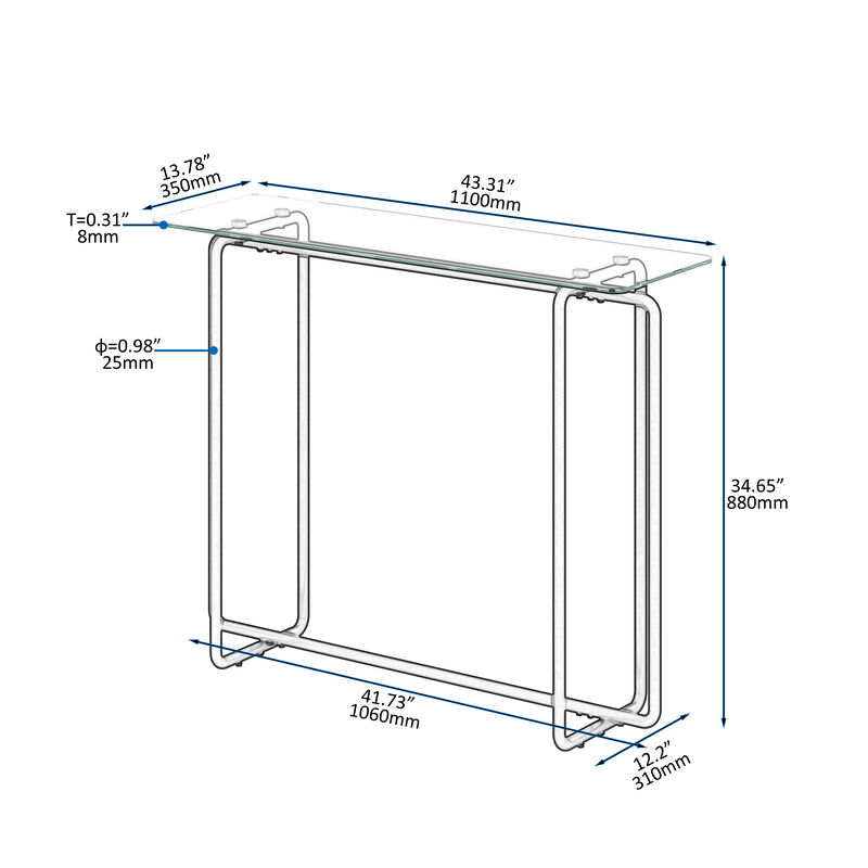 Console Table Single Layer Tempered Glass Rectangular Porch Table with Black Legs Double Tempered Glass Tea Table