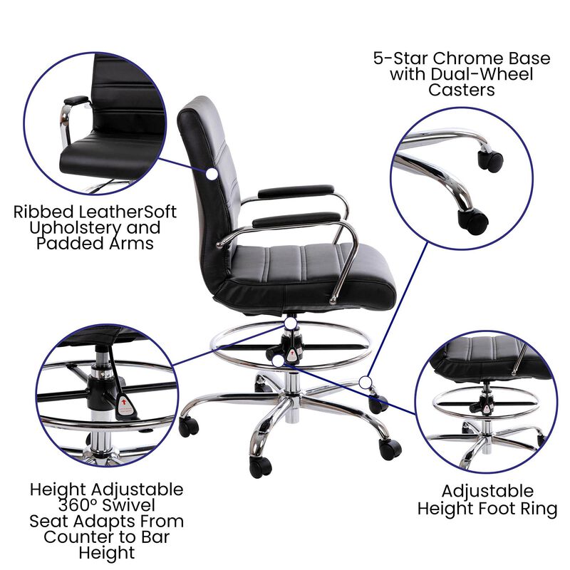 Flash Furniture Whitney Adjustable Height Drafting Chair - Contemporary Mid-Back Black LeatherSoft Drafting Stool Chair - Adjustable Foot Ring & Chrome Base