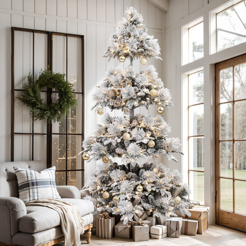 LuxenHome 7.5Ft Pre-Lit Flocked Slender Artificial Pine Christmas Tree