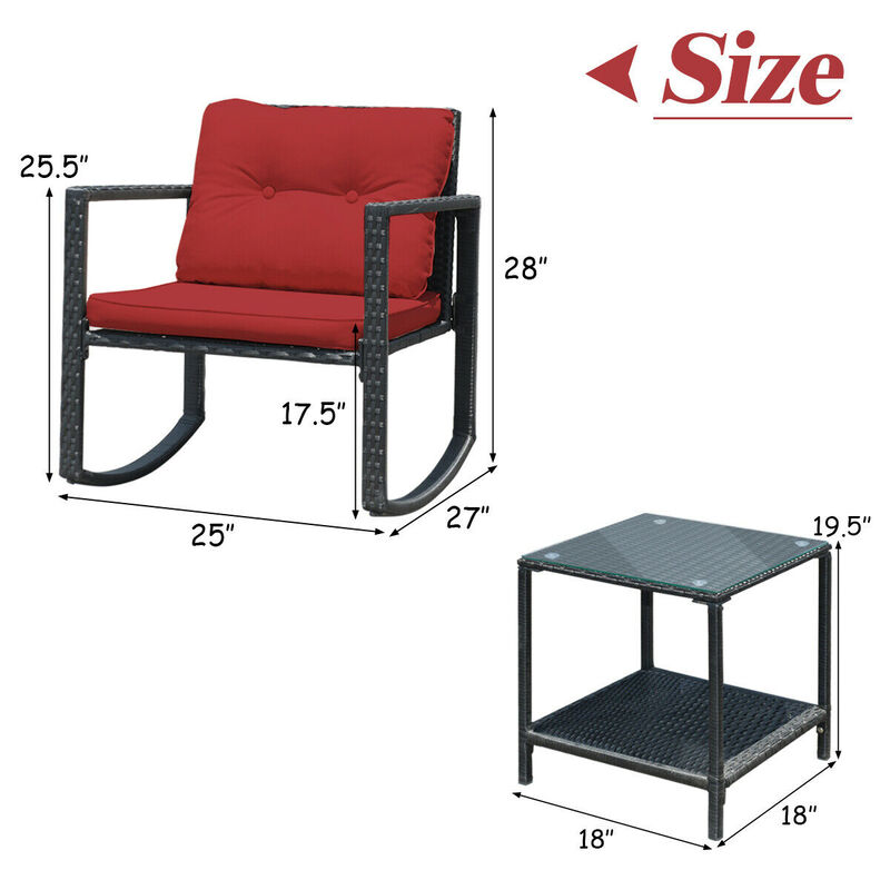 3 Pieces Cushioned Patio Rattan Set with Rocking Chair and Table-Red