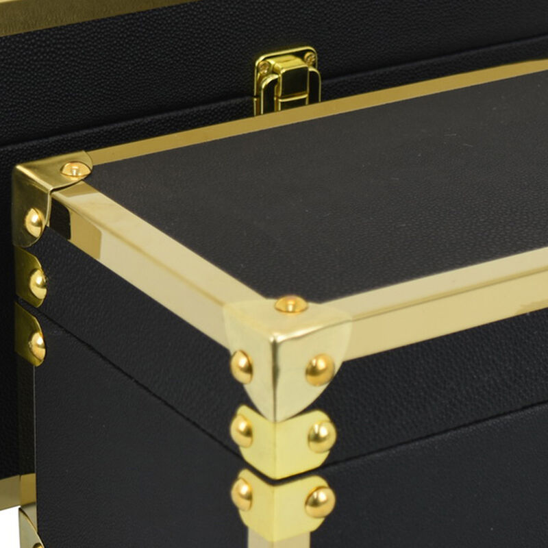 Mecca Storage Box Set of 2, Rivet Accents, Gold Metal Trim, Black Wood - Benzara