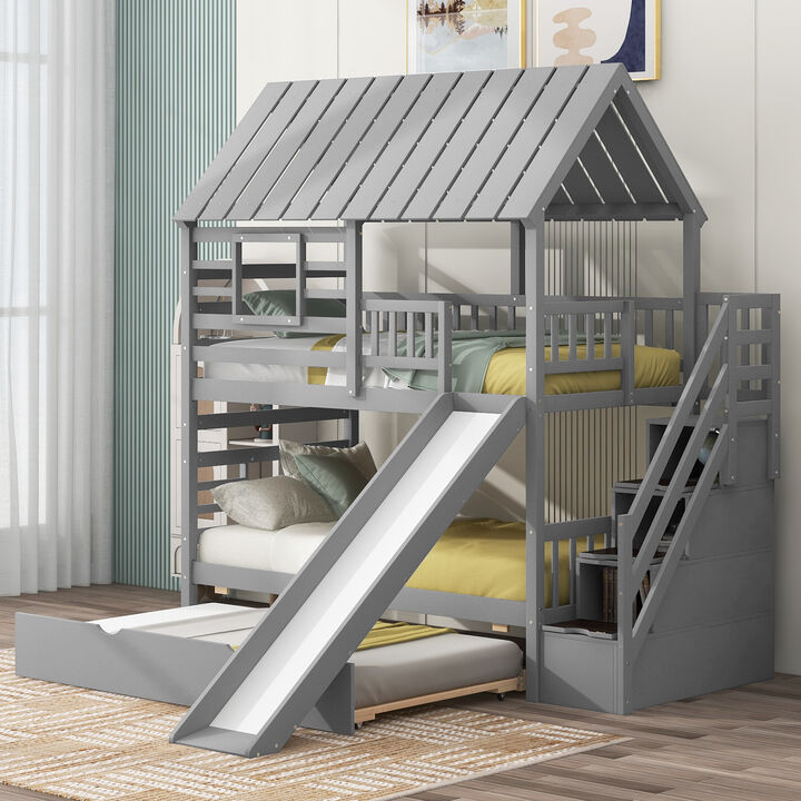 Merax House Bunk Bed with Trundle and Slide