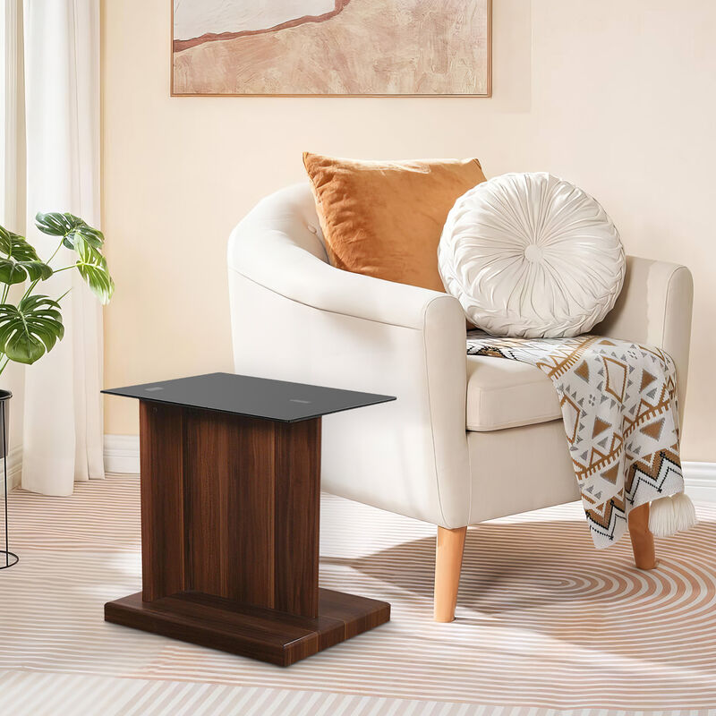 Liam 22 Inch Square Side End Table, Brown Wood, Pedestal Base, Glass Top-Benzara