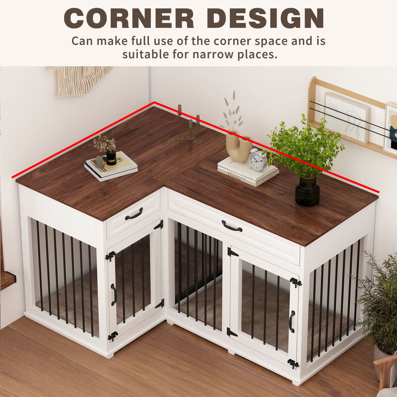 Large Corner Dog Crate Furniture for 2 Dogs with 2 Drawers, Wooden Dog Kennel Corner Dog Cage Perfect for Limited Room