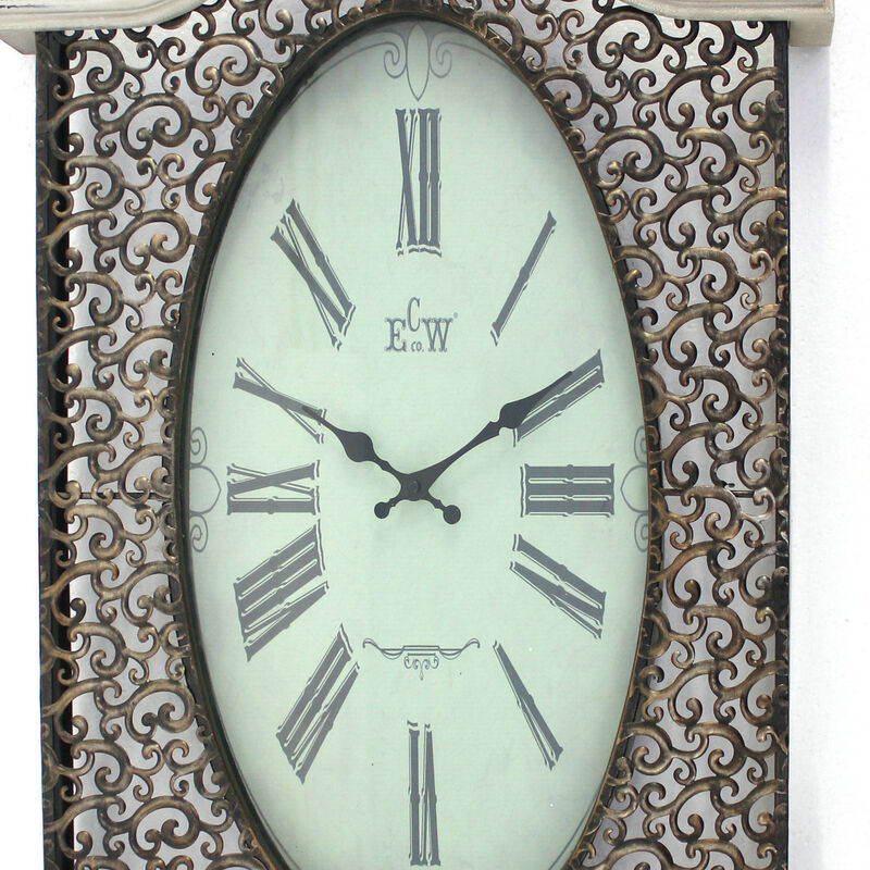 Wall Clock with Scalloped Wooden Top and Bottom, White-Benzara