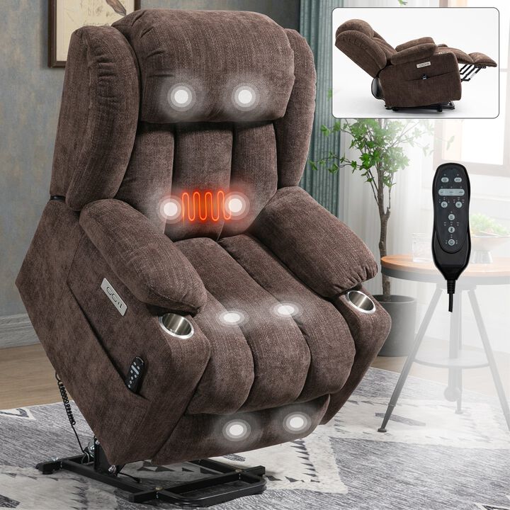 Mondawe Up to 350 LBS Chenille Power Lift Recliner Chair, Heavy Duty Motion Mechanism with 8-Point Vibration Massage and Lumbar Heating, USB and Type-C Ports, Stainless Steel Cup Holders
