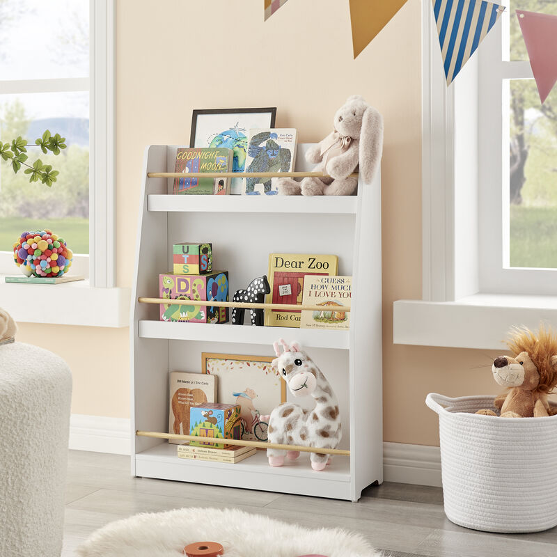 Steiner White 3-Tier Kids Book or Magazine Storage Freestanding Bookcase with Contrasting Wood-Toned Rods