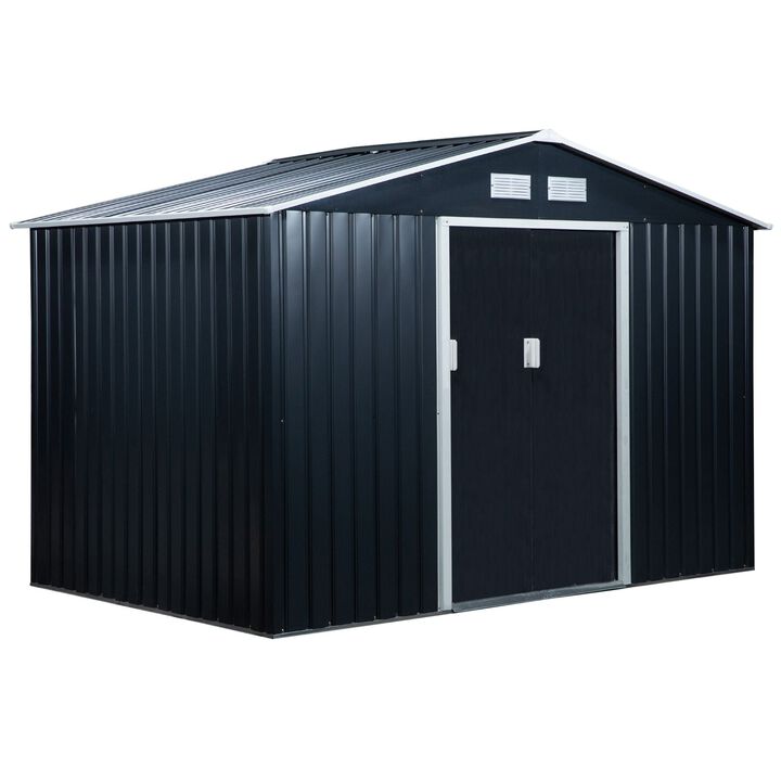 Dark Gray Garden Vault: 9'x6' Metal Storage Shed with Sliding Doors