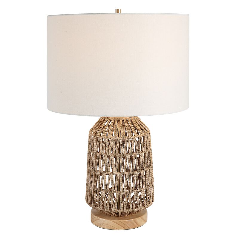 24 Inch Table Lamp, Brown Woven Rope, Linen Shade, Wood Base, Off White - Benzara