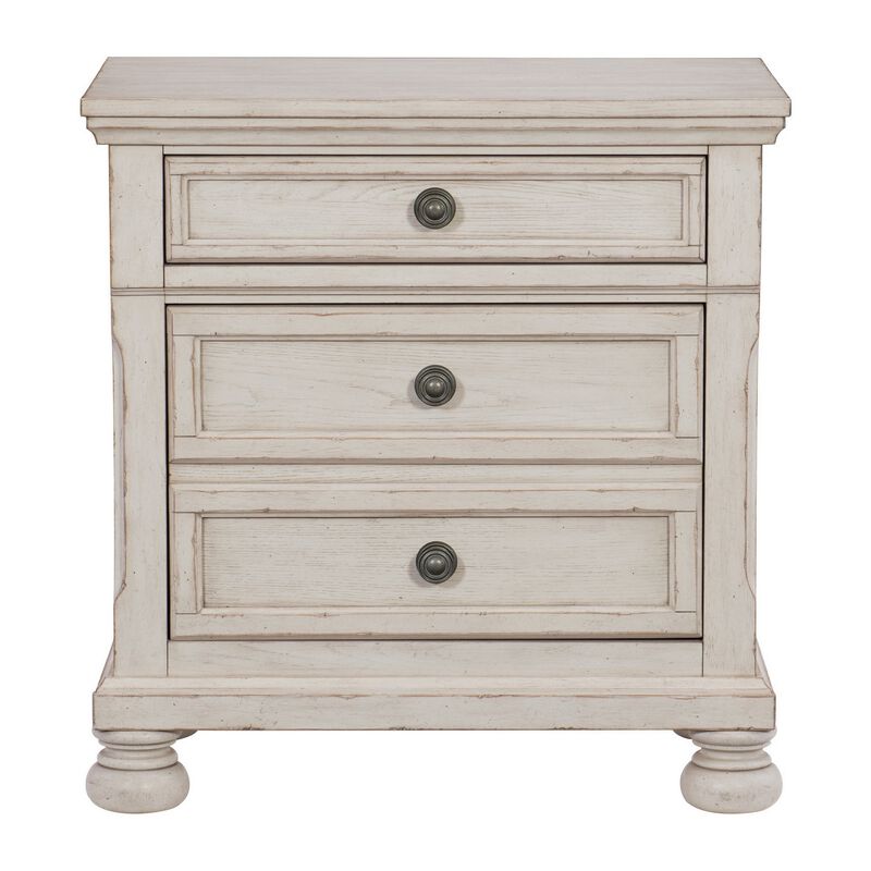 Cottage 2 Drawer Nightstand with Molded Details and Bun feet, Antique White-Benzara