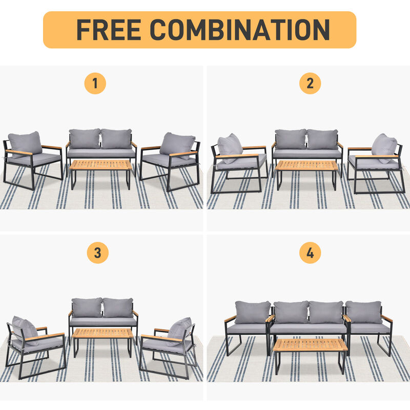Patio Conversation Set 4-Piece Metal Frame with Acacia Wood Table and Cushions