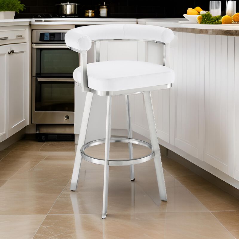 Weni 30 Inch Swivel Barstool Chair, Barrel Open Back, White, Steel Frame - Benzara