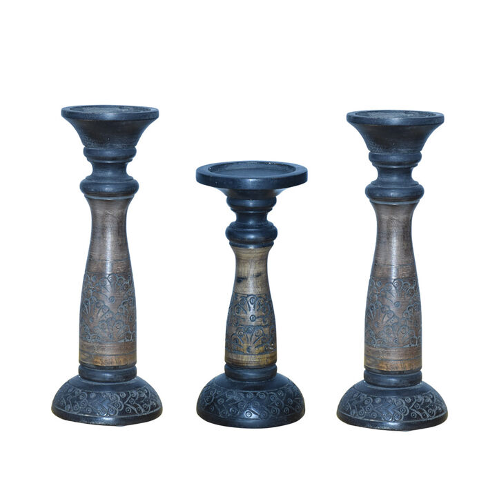 Traditional Black Wash Eco-friendly Handmade Mango Wood Set Of Three 12",9" & 12" Pillar Candle Holder