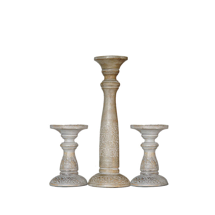 Traditional Gray Wash Eco-friendly Handmade Mango Wood Set Of Three 6",15" & 6" Pillar Candle Holder BBH Homes