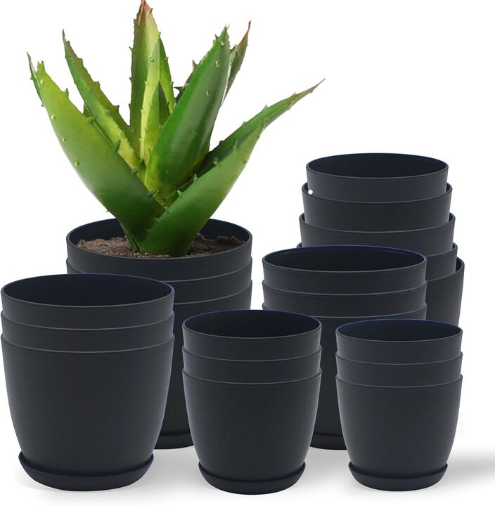 Campior Plastic Plant Pots with Drainage - Home Decor Flower Pot, Stackable Design for Indoor & Outdoor Use, Lightweight and Sturdy, Space-Saving, (7”, 6.6”, 6”, 5.3”, 4.8” Inches), Pack of 20, Black