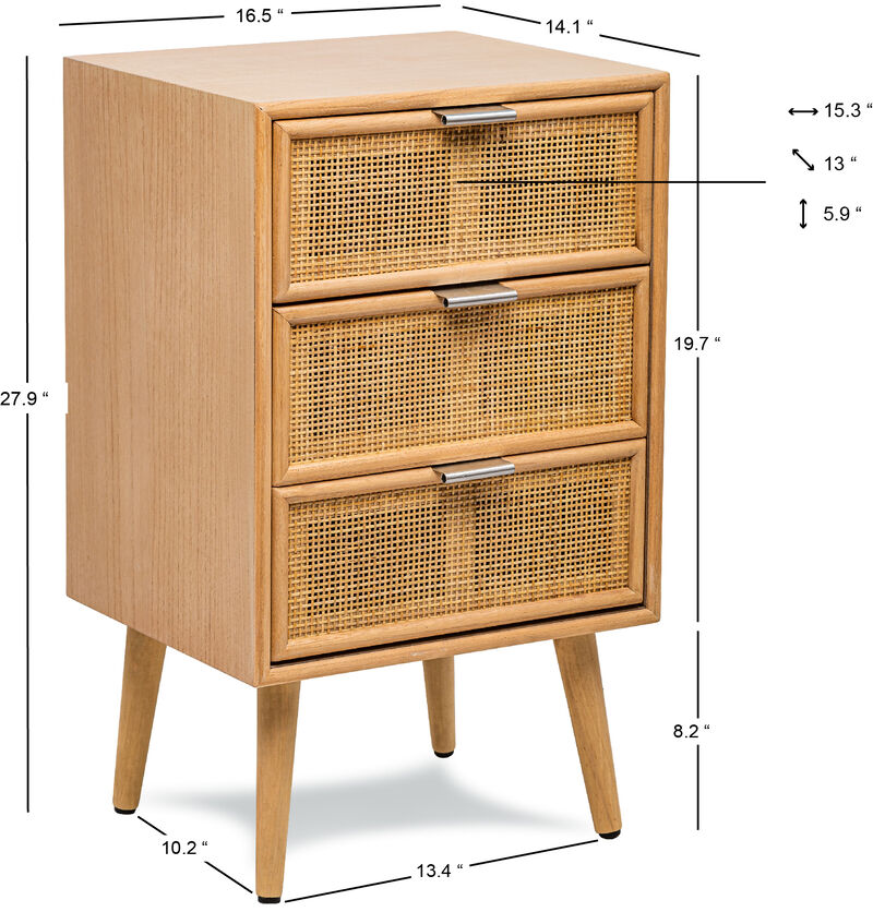 Scandinavian Wooden Commode Chiffonier with 3 Drawers and Rattan Caning