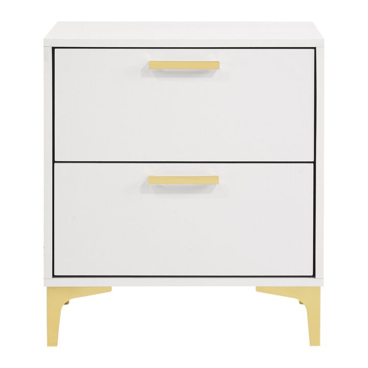 Lif 25 Inch Modern 2 Drawer Nightstand, Gold Metal Accents, Pure White-Benzara