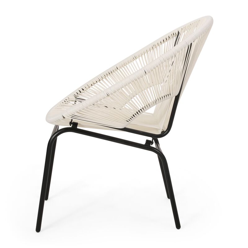 Sanu Outdoor Accent Chair Set of 2, White PE Rattan, Black Iron, Round Back