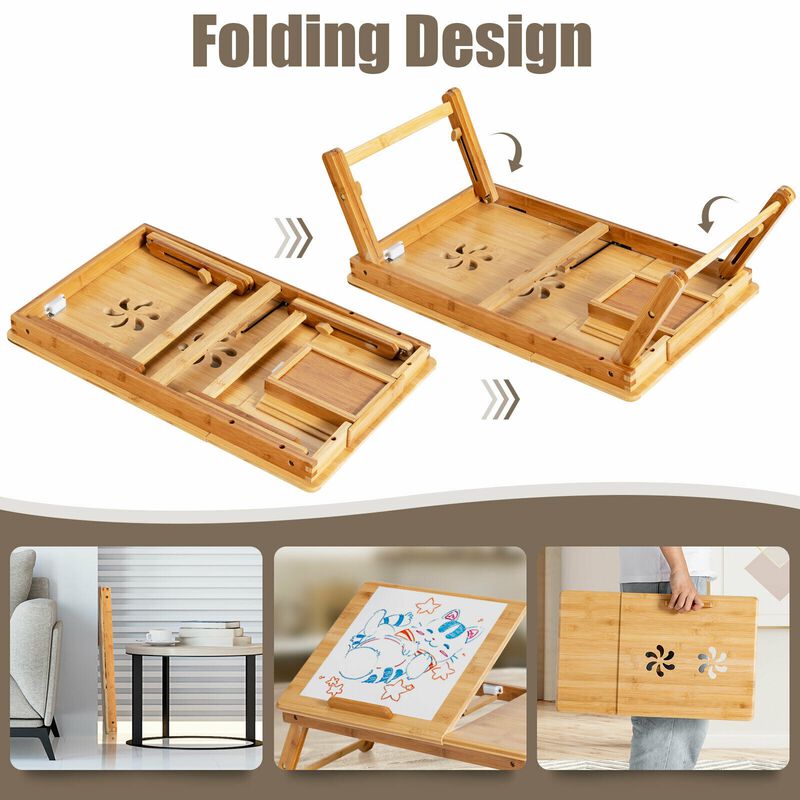 Adjustable Wicker Laptop Desk with Tilting Top and Drawer