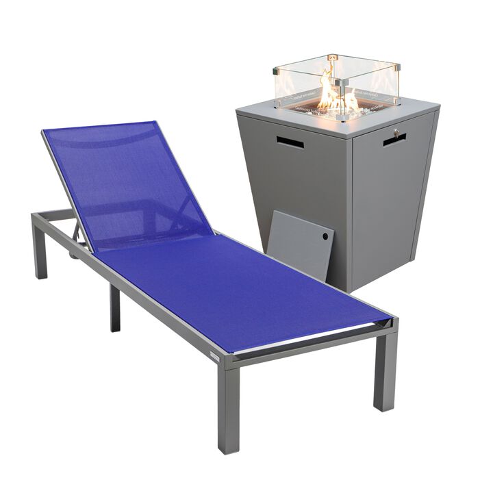 LeisureMod Marlin Modern Black Aluminum Outdoor Patio Chaise Lounge Chair in Grey Frame with Square Fire Pit Side Table