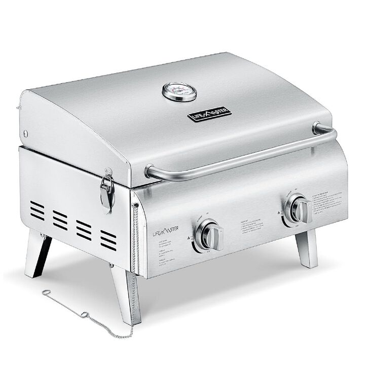 Portable Stainless Steel Gas Grill - 2 Burners Easy Clean Tabletop BBQ Propane Gas Grill with Foldable Legs and Wind Proof Lid for Camping and Outdoor - Silver