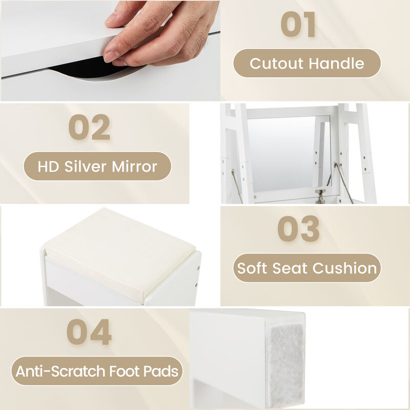 Vanity Desk Set with Flip Top Mirror  Hidden Storage Compartments and Cushioned Stool