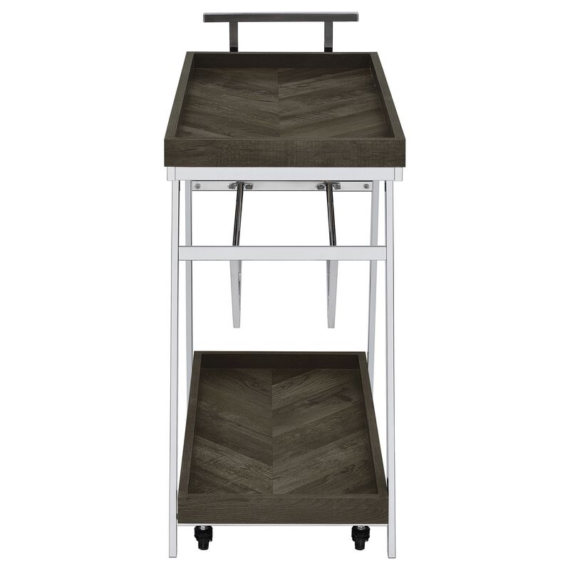 Kne 35 Inch Rolling Bar Cart, 2 Tier with Drawer, Stand, Black Wood, Chrome - Benzara