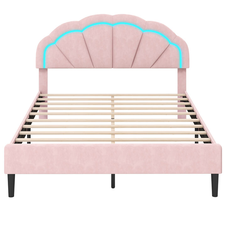 Upholstered LED Bed Frame with Adjustable Flower Headboard