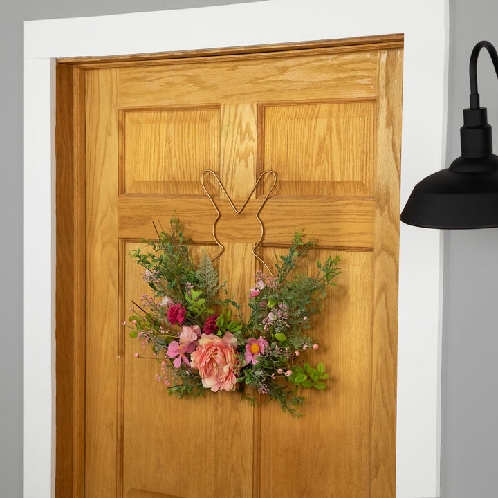 Bunny and Peony Mixed Floral Wall Hanging Easter Decoration - 16"  - Pink