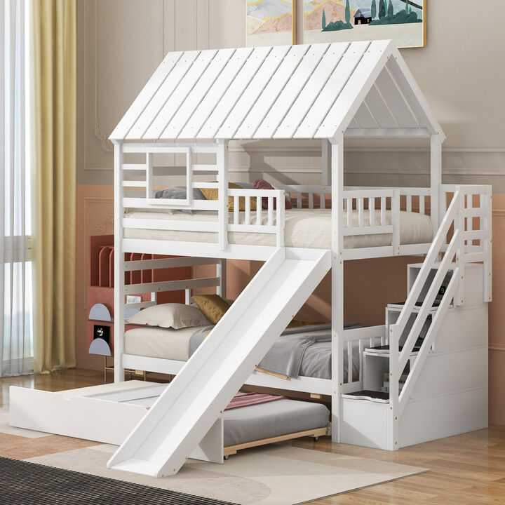 Twin Over Twin House Bunk Bed With Trundle And Slide, Storage Staircase, Roof And Window Design