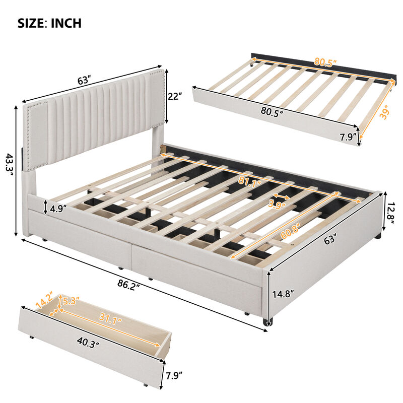 Queen Size Upholstered Platform Bed With 2 Drawers And 1 Twin XL Trundle, Classic Headboard Design