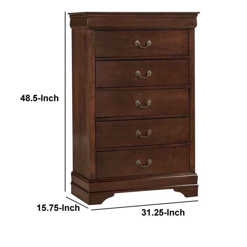 5 Drawer Wooden Chest with Metal Hardware, Cherry Brown - Benzara