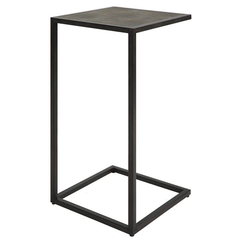 24 Inch Accent Table, Open C Shape, Gray Shagreen Top, Antique Black - Benzara