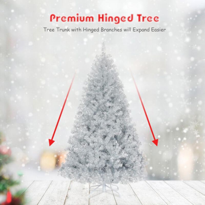 Hivvago 6 Feet Hinged Unlit Artificial Silver Tinsel Christmas Tree with Metal Stand