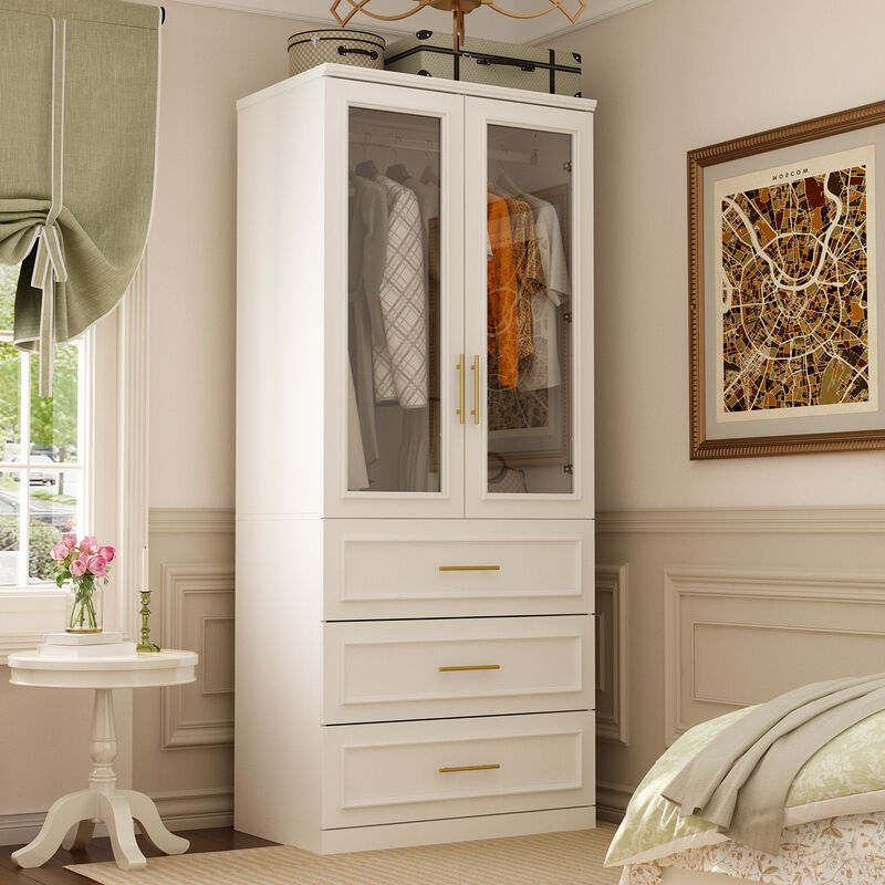 FUFU&GAGA  Elegant Armoire with Glass Doors, Hanging Rods, and Spacious Drawers for Organized Bedroom Storage (31.7" W x 19.3" D x 74.9" H) White