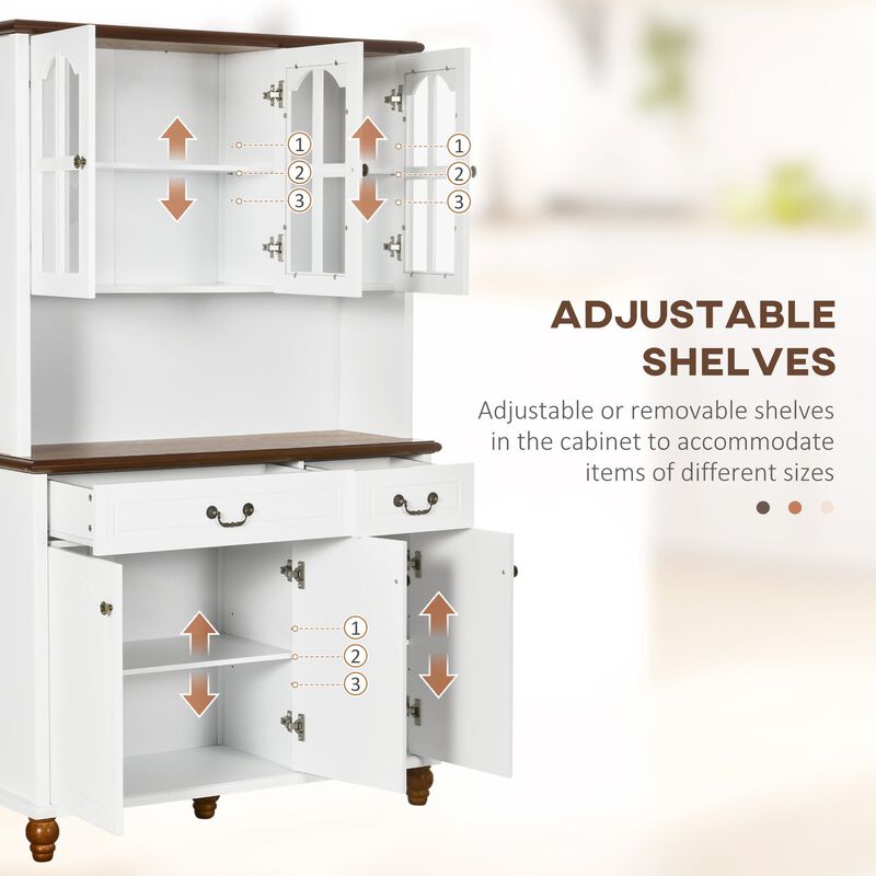 White Kitchen Hutch: Freestanding Pantry with 6 Doors & 2 Drawers