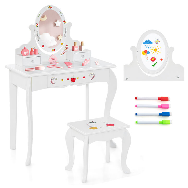 Kids Vanity and Stool Set with 360� Rotatable Mirror and Whiteboard-White