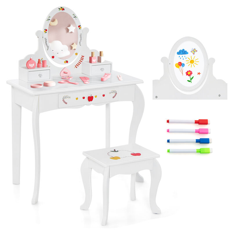 Kids Vanity and Stool Set with 360� Rotatable Mirror and Whiteboard-White