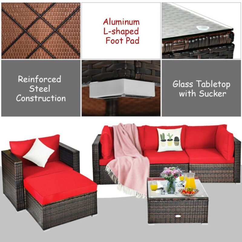 Hivvago 6 Pieces Patio Rattan Furniture Set with Sectional Cushion