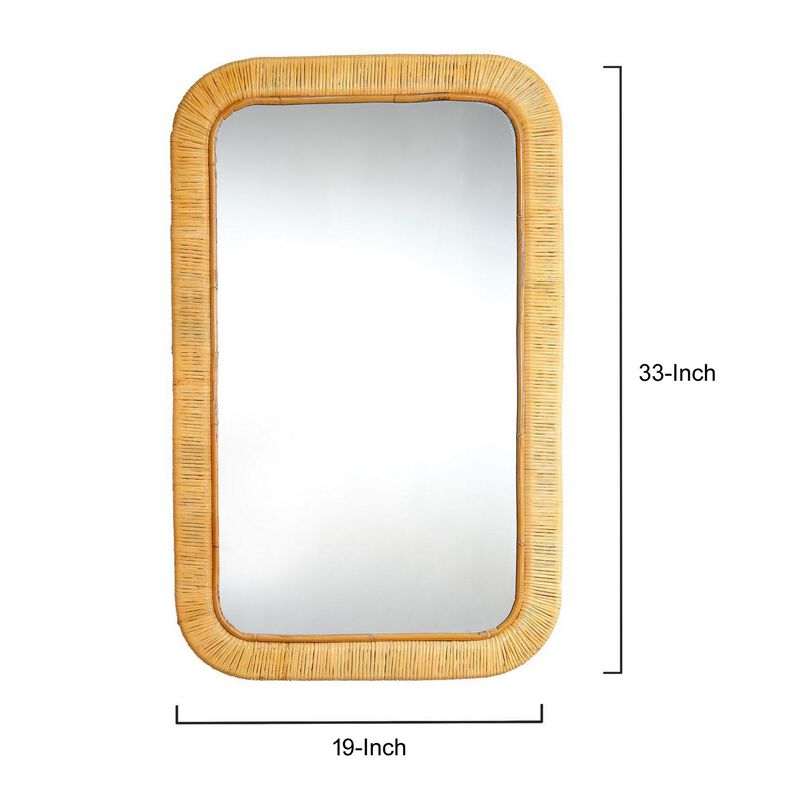 Mirror with Rectangular Woven Rattan Frame, Brown and Silver-Benzara