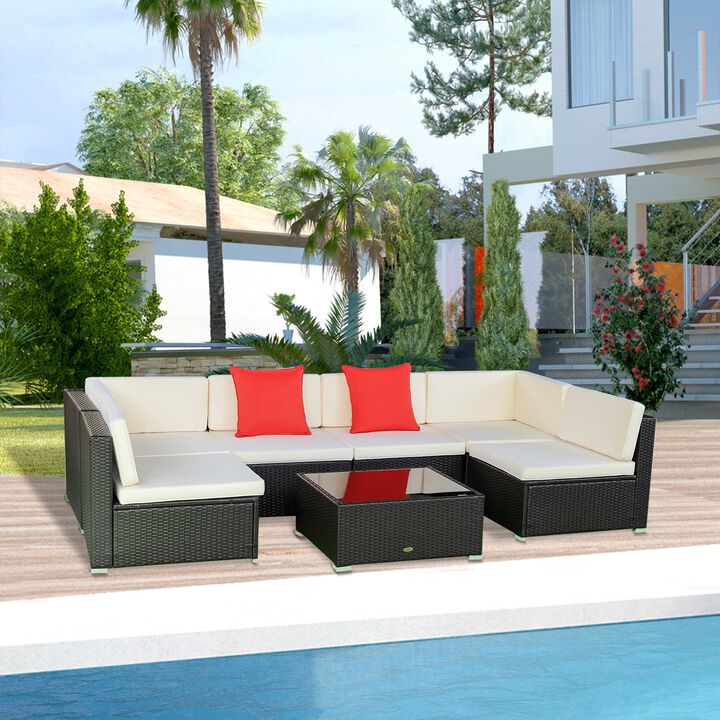 Cream Outdoor Sectional: 7-Piece Wicker Set with Glass Table