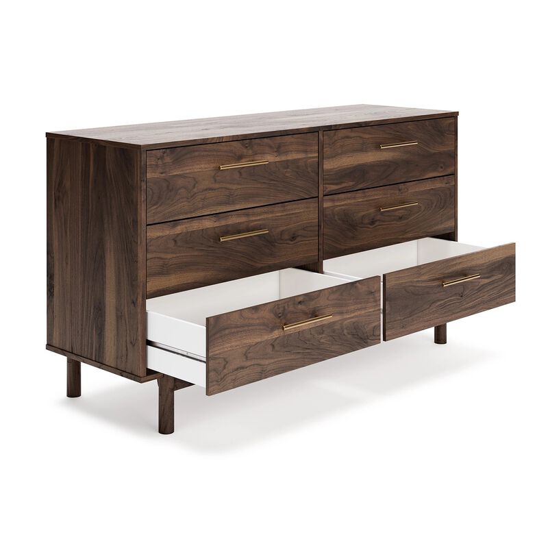 Kip 59 Inch Modern Dresser, Brown Wood Frame, 6 Drawers, Gold Metal Handles - Benzara