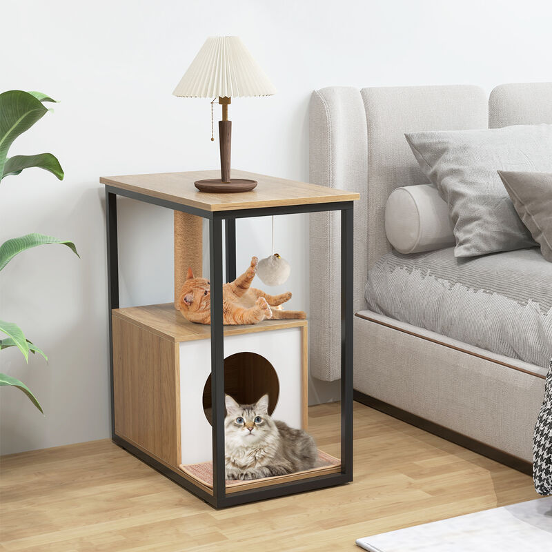 Cat Furniture End Table with Cat House and Scratching Post – Stylish Pet Furniture