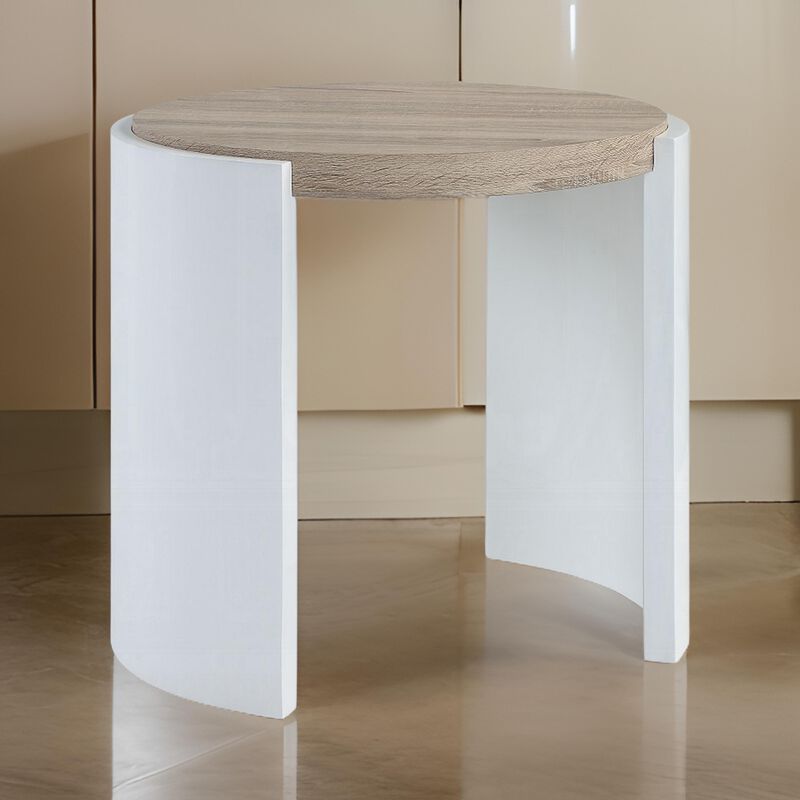 Romani Side End Table, White High Gloss Wood, Brown Top, Oval 26 Inch - Benzara