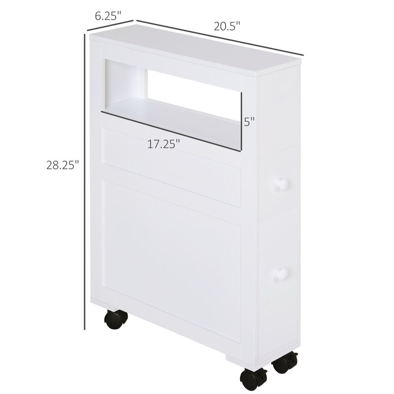 Wooden Rolling Narrow Bathroom Storage Side Cabinet w/ Slide-Out Shelf