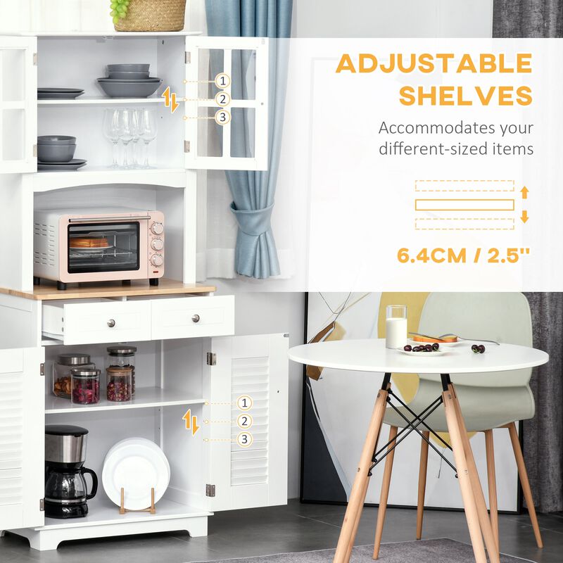 White Kitchen Organizer: 67" Hutch Cabinet with Glass Doors and Drawers